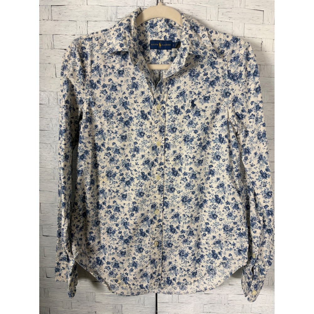 Ralph Lauren Womens blouse Blue White Floral Toile Cotton Button Down feminine